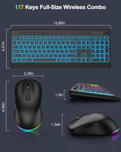 EDJO Wireless Keyboard and Mouse Combo, 10 Backlit Effects, Rechargeable 2.4GHz Silent Full-Size Light Up USB Keyboard with 6 Button RGB Mouse for Laptop, Computer, PC (Black Backlit) - color: black backlit