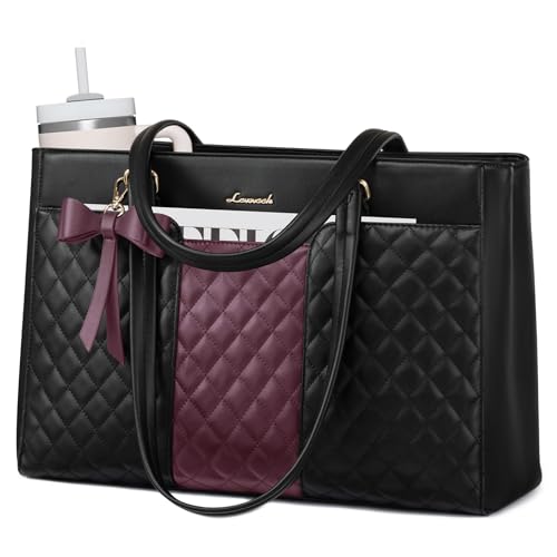 LOVEVOOK Laptop Tote Bag for Women,15.6 Inch Work Bags PU Leather Teacher Tote Bag,Waterproof Quilted Computer Bag for Office Professional Briefcase Gifts - color: Black Purple-a, size: 15.6 Inch