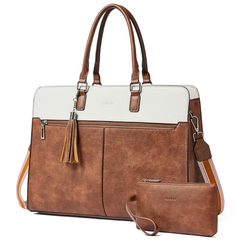 Laptop Bag for Women,Water-Resistant Work Bag Laptop Tote Bag,Briefcase with Satchel Purse - color: Beige With Brown