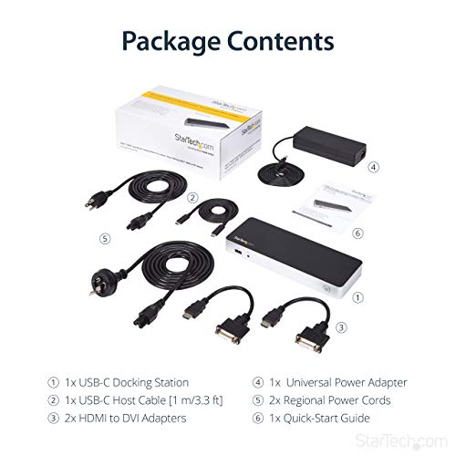 StarTech USB-C Dual 1080p HDMI or DVI Dock, 60W PD, GbE, Thunderbolt 3 | Laptop docking station, charging, plug-and-play, HP, Lenovo, Dell and Surface, dual HDMI/DVI, 3.5mm headset, 1m cable
