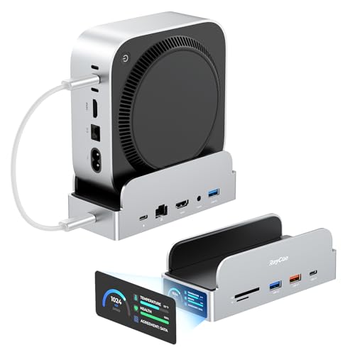 RayCue SmartDock Pro for Mac mini M4 Dock Stand with M.2 NVMe SSD Enclosure, 4K 60Hz HDMI, 10Gbps USB-C/A, Gigabit Ethernet, SD/TF Card Readers – Space-Saving Vertical Hub Compatible with Mac mini