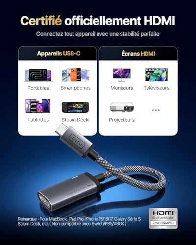 INIU USB C to HDMI Adapter (4K@60Hz), USB-C Adapter (4K HDMI), for MacBook Pro, MacBook Air, iPad Pro, iMac, iPhone 17 16 Pro Max, Pixelbook, Surface Pro, Dell, XPS, Galaxy, White - color: White