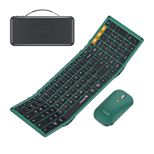 ProtoArc XKM01 Full-Size Foldable Keyboard Mouse Combo for Travel - Green | 105-key keyboard, slim mouse, hard case and phone stand; 3-device Bluetooth & 2.4G switching, for travel office use - color: Green