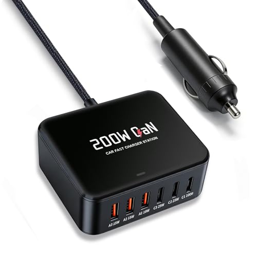 200W USB C Car Charger [GaN] PD 100W Laptop Car Charger, PD3.0/QC4.0/PPS Super Fast Charging for MacBook pro/Air/Dell/Lenovo/HP,iPhone 17/16/15 Series,Samsung Galaxy S26/S25 Ultra/S24