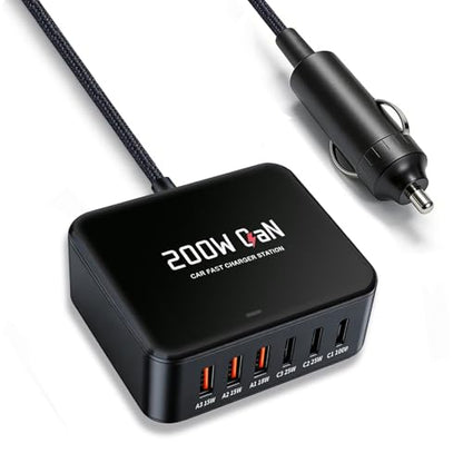 200W USB C Car Charger [GaN] PD 100W Laptop Car Charger, PD3.0/QC4.0/PPS Super Fast Charging for MacBook pro/Air/Dell/Lenovo/HP,iPhone 17/16/15 Series,Samsung Galaxy S26/S25 Ultra/S24