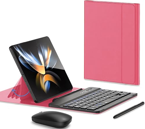 for Samsung Galaxy Z Fold 8 Ultra/8/7/6/5 Keyboard and Mouse, Portable Mini 7.9 inch Bluetooth Keyboard with Leather Stand Case and Pen, 4 in 1 Travel Set for Fold8 Wide Fold7 Accessories - color: Begonia Red