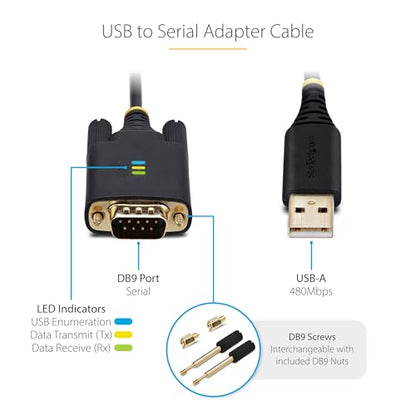 StarTech 6ft USB to Serial Adapter Cable, FTDI (1P6FFC-USB-SERIAL) | USB-A to DB9 RS232, Interchangeable DB9 Screws Nuts, COM Retention, LED Indicators - size: 6ft