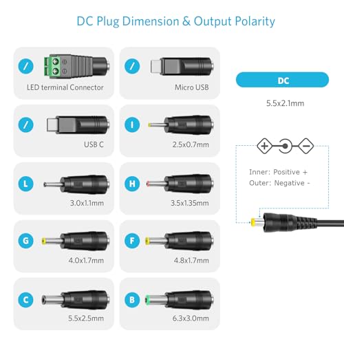 Belker 45W Universal 5V 6V 7.5V 9V 12V 13.5V 15V AC Adapter with USB C tip | DC Power Supply for LCD LED Strip Light Router CCTV Camera - 1A 2A 3A 3000mA Max - Fast USB Charging Port 5V 2A - size: 45w 5-15v 3a w/USB
