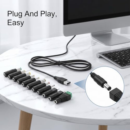 DC 5V Power Cord USB to DC Power Cable Universal | DC 5.5x2.1mm Cable with 13 Connectors for Router LED Light Mini Fan Speaker and More 5V Devices