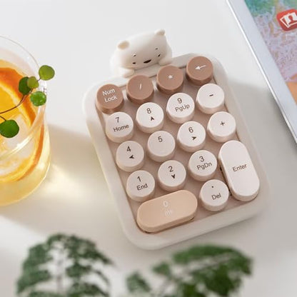 Wireless Number Keypad with Cute Silicone Bear, 18 Colorful Round Keys Numpad, 2.4G USB Wireless Connection, Portable Financial Accounting Numeric Keyboard, Suitable for PC, Laptop (MilkTea) - color: MilkTea
