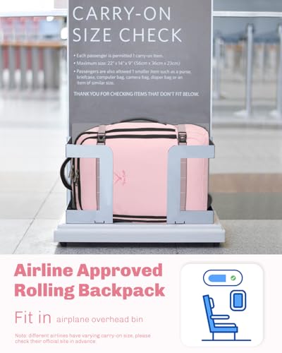 Hynes Eagle Rolling Backpack 42L Backpack with Wheels Airline Approved Carry on Luggage Laptop Travel Suitcase Bag for Women Men Light Pink - color: Light Pink