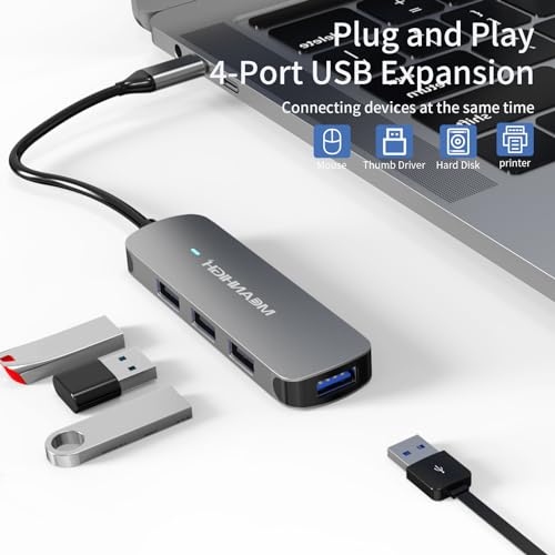 USB C Hub 4 Ports, MEANHIGH Multiple USB 3.0, 2.0 Splitter Portable USB C to USB Adapter for Laptop, Plug and Play Mini USB Extender for PC, Flash Drive, Mobile HDD - size: USB-C-Grey