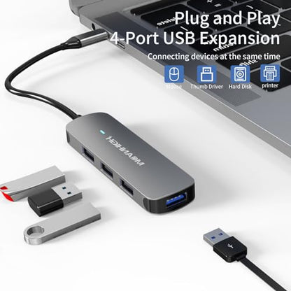 USB C Hub 4 Ports, MEANHIGH Multiple USB 3.0, 2.0 Splitter Portable USB C to USB Adapter for Laptop, Plug and Play Mini USB Extender for PC, Flash Drive, Mobile HDD - size: USB-C-Grey