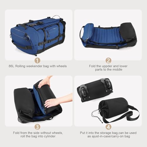 Rolling Duffle Bag with Wheels,86L 30”Carry on Luggage with Wheels,Folding Travel Bag,Duffle Backpack with Separate Shoe Compartment (Dark Blue) - color: Dark Blue