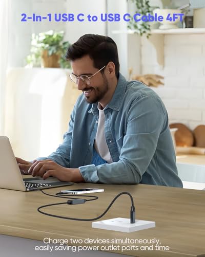 4FT 2-in-1 USB C to Dual USB C Cable, 140W USB C Splitter Cable for MacBook Pro, Intelligent Power Distribution 100W+40W or 65W+65W, Fast Charging Cord for Laptop, Tablet, Phone (Nylon Braided) - size: 4FT