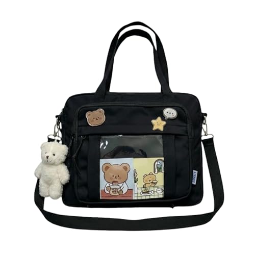 Kawaii Crossbody Ita Bag for Women with Pin & Plush Bear - Japanese Messenger Bags Y2K Shoulder Purse - color: C Max Black (Fits 15.6" Laptop)