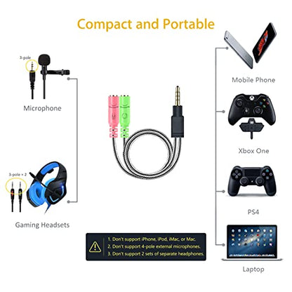 Headphone Mic Splitter 2 Pack 3.5mm Headset Adapter for Computer | 2-TRS Female to TRRS Male CTIA Stereo Audio Mic Jack Y Splitter for Dual-Plug Game Headset to Xbox, PS4, Phone, Laptop, PC - size: 2 Pack / 0.6 Feet