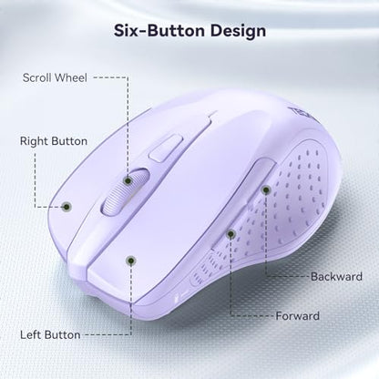 TECKNET Wireless Mouse, 2.4G Ergonomic Computer Mouse, 2600 DPI, Lavender | Ergonomic Design with Side Grips, Adjustable DPI, 2-Year Battery, Compact Size, USB-A Plug & Play, Wide OS Compatibility - color: Lavender