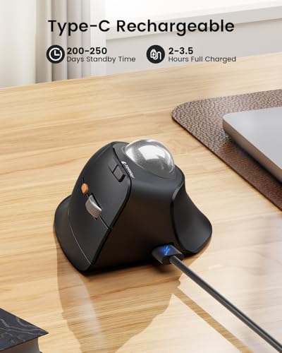 ProtoArc EM05 NL Wireless Vertical Trackball Mouse, 5 DPI Levels, Silver | 62° Vertical Design Supports a Natural Wrist Posture, Connect 3 Devices Via Bluetooth/2.4G USB-A, 500mAh Rechargeable Battery - color: Silver