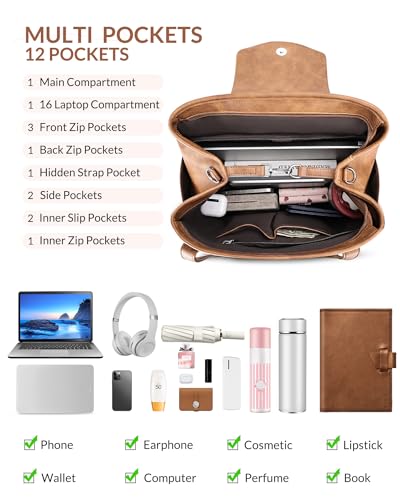 SYTRAH Laptop Bag for Women 15.6 inch Leather Backpack Purse - color: Brown