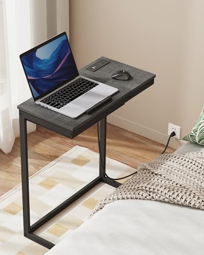 TUTOTAK Large C Shaped End Table, Side Table with Charging Station C Table | Tilting Laptop Stand with Storage, Computer Couch table for Living Room, Bedroom, Black TB01BK090 - color: Black, style: Plug
