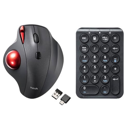 SANWA TB168 Wireless Trackball(USB-A & Type-C Receiver) + Bluetooth Numeric Keypad, Programmable Silent Buttons, 22-Key Portable Financial Accounting Numpad, Compatible with Mac, Laptop, Windows