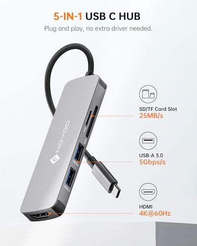 NOVOO USB C Hub 5 in 1 with HDMI 4K Adapter, 2 USB 3.0 Ports, 1 SD Memory Port, 1 microSD Card Reader - style: 5-in-1 Hub