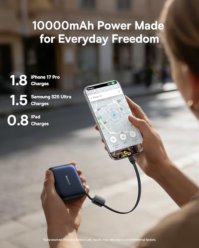 Baseus PicoGo AC22 Mini Power Bank, 10000mAh 45W PD Portable Charger Built-in USB-C Cable, Ultra Small Sized Battery Pack, Fast Charging Battery Bank for iPhone 17/16/15 Samsung S25/S24 Pixel 10 iPad - size: 10000mAh