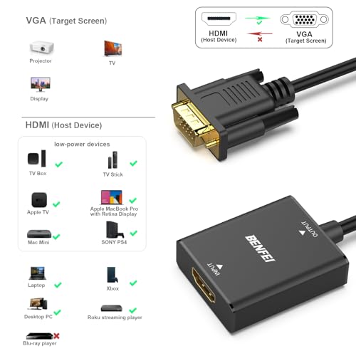 BENFEI HDMI to VGA, Uni-Directional HDMI Computer to VGA Monitor Adapter (Female to Male) with 3.5mm Audio Jack Compatible with TV Stick, Computer, Desktop, Laptop, PC, Monitor, Projector, Roku, Xbox