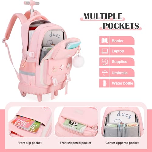 DIGOBAY Rolling Backpack for Girls, Roller Bag with Lunch Box Pencil case | Kawaii Girls Roller Backpack With Wheels School Bookbag With Cute Pins for Elementary Middle School, Pink - color: Pink