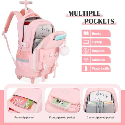 DIGOBAY Rolling Backpack for Girls, Roller Bag with Lunch Box Pencil case | Kawaii Girls Roller Backpack With Wheels School Bookbag With Cute Pins for Elementary Middle School, Pink - color: Pink