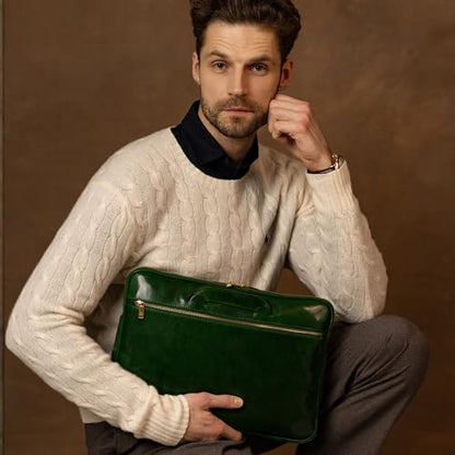 Time Resistance Slim Leather Briefcase - Italian Handmade Leather Computer Bag - Briefcase for Men and Women - Laptop Bag - color: Green