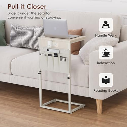 Vagusicc C-Shaped End Table with Charging Station, Small Side Table for Couch, 33" Tall C Table Adjustable Height Side Table, Couch Tables that Slide Under, Sofa Table TV Tray for Living Room, Cream - color: 1pc Cream White