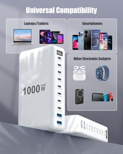USB C Charger 1000W USB C Charger Block,Upgraded GaN IV 10-Port Charging Station Hub,Travel Essentials 140W Fast Charging Laptop Adapter for MacBook Pro/Air,DELL,Steam Deck,iPhone 17/16,Galaxy S25/24 - color: White