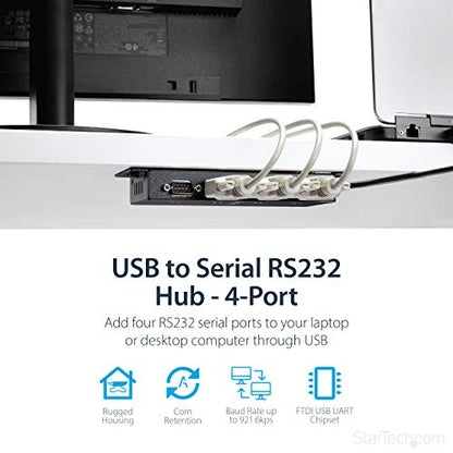 StarTech 4-Port USB to Serial RS232 Hub, Industrial, TAA (ICUSB2324I) | FTDI USB to DB9 RS-232 Adapter Hub, DIN Rail and Wall Mountable, COM Port Retention - style: 4-Port