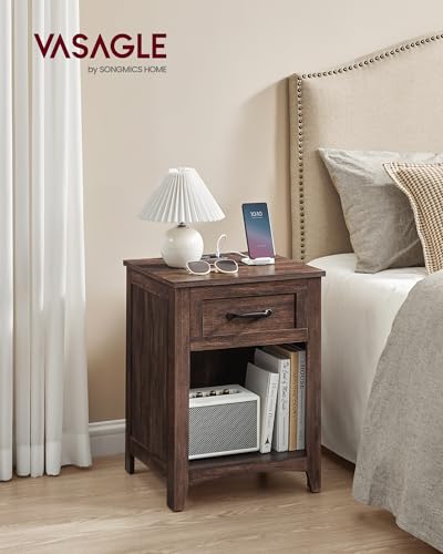 VASAGLE LIRY Collection - Farmhouse Nightstands with Charging Station, Set of 2 Bedside Tables, Side Tables with Drawer, Open Compartment, for Bedroom, Maroon Brown ULET959K51 - color: Maroon Brown, size: 2 PACK, style: 17.7"W x 23.6"H With 1 Drawer