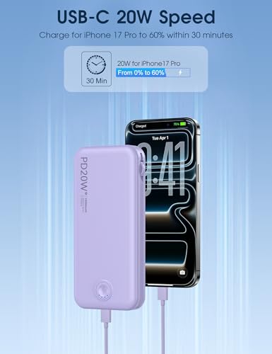 Nusyddy Portable Charger 10000mAh Fast Charging w/Built-in Wall Plug Purp. | PD20W Fast Charging, LED Indicator, Pass Through Charging, TSA Approved, Compact/Slim, Power Bank for iPhone/iPad/Samsung - color: Violet