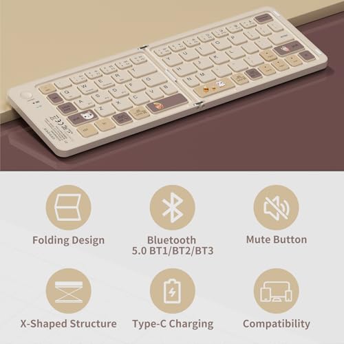 Foldable Bluetooth Keyboard with UV Printing Technology Rechargeable Keyboards,Compact Wireless Travel Keyboards for iPad, Smartphone, Tablet and Laptop - Z1 Milk Tea Colorful - color: Z1 Milk Tea Colorful