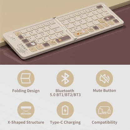 Foldable Bluetooth Keyboard with UV Printing Technology Rechargeable Keyboards,Compact Wireless Travel Keyboards for iPad, Smartphone, Tablet and Laptop - Z1 Milk Tea Colorful - color: Z1 Milk Tea Colorful