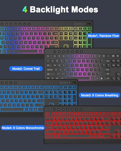EDJO Wireless Keyboard and Mouse Combo, 10 Backlit Effects, Rechargeable 2.4GHz Silent Full-Size Light Up USB Keyboard with 6 Button RGB Mouse for Laptop, Computer, PC (Black Backlit) - color: black backlit