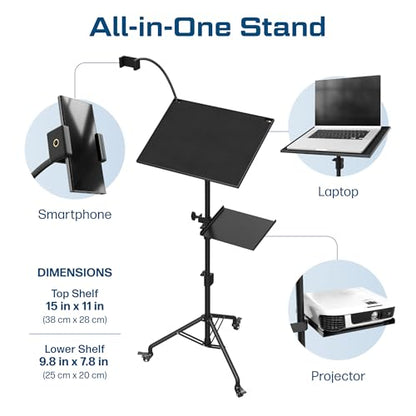 Projector Stand Tripod Laptop Tripod with Wheels & Adjustable Height Portable Podium Stand with Phone Holder Projector Holder for Home, Office, School & DJ Matte Black