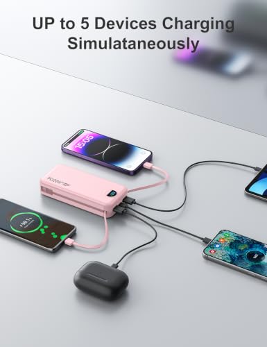 20000mAh Ultra Portable Charger Power Bank with inBuilt Cables&AC Wall Plug | PD20W USB-C Fast Charging Cell Phone Charger Battery Pack,LED Display Travel Battery Bank for All iPhone,Samsung,Android - color: Pink-20Ah