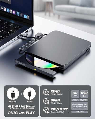 ROOFULL External CD DVD Drive with Ethernet Adapter & USB Hub & Card Reader | 9 in 1 Pro USB 3.0 Type-C CD/DVD ROM +/-RW Burner Reader Writer Player for Laptop PC MacBook Windows 11/10/7 Linux Mac OS - style: 9 In 1 Drive