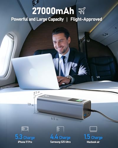 27000mAh Power Bank, 140W Laptop Portable Charger with PD 3.1 Fast Charging, Smart Sisplay, 99Wh Battery Bank for MacBook Pro/Air, iPad Pro, iPhone17/16 Series, Samsung and More(Silver Gray) - color: Silver Gray