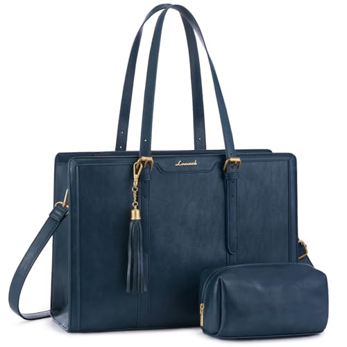 LOVEVOOK Laptop Bag for Women Vintage Leather Work Tote 15.6 inch Large Capacity Computer bag with Clutch Purse for Office, Travel, Casual - color: Slate Blue, size: 15.6 inch