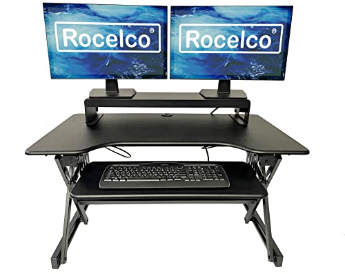 Rocelco 40" Large Height Adjustable Standing Desk Converter with Dual Monitor Stand Bundle - Quick Sit Stand Up Computer Workstation Riser - Retractable Keyboard Tray - Black (R DADRB-40-DMS) - color: Black, size: 40", style: Riser+Monitor Stand