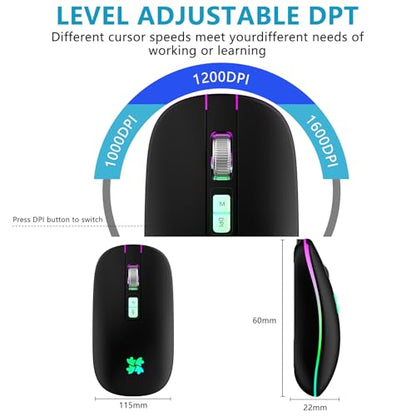 besky Wireless Rechargeable Mouse, Portable Silent Computer Mouse, Black | Backlit LED 2.4G USB Cordless Mouse with USB-C Adapter for Laptop, PC, MacBook, Chromebook, iPad & Tablet