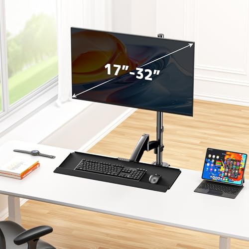 PUTORSEN Sit Stand Monitor Desk Mount with Keyboard Tray for 17-32” Screens | Height Adjustable Full-Motion Articulating Arm,19.8 lbs Monitor & 2.2lbs Tray Capacity, C-Clamp & Grommet Mount,Black - size: 32 Inch