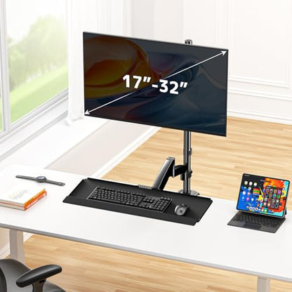 PUTORSEN Sit Stand Monitor Desk Mount with Keyboard Tray for 17-32” Screens | Height Adjustable Full-Motion Articulating Arm,19.8 lbs Monitor & 2.2lbs Tray Capacity, C-Clamp & Grommet Mount,Black - size: 32 Inch