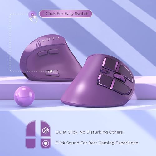 Vertical Mouse, Wireless Ergonomic Optical Mouse (BT 5.0 + Bluetooth 3.0 + USB Connection) with 9 Buttons, Rechargeable Computer Mouse for Wins PC/Laptop, Mac (Purple) - color: Purple